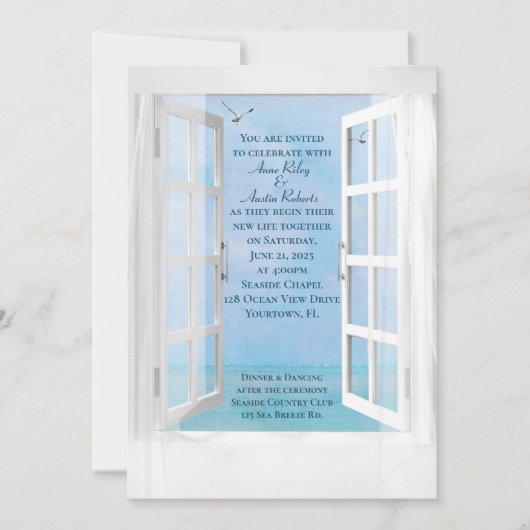 Hochzeit mit Möwen im Ocean View Window Einladung (Vorderseite)