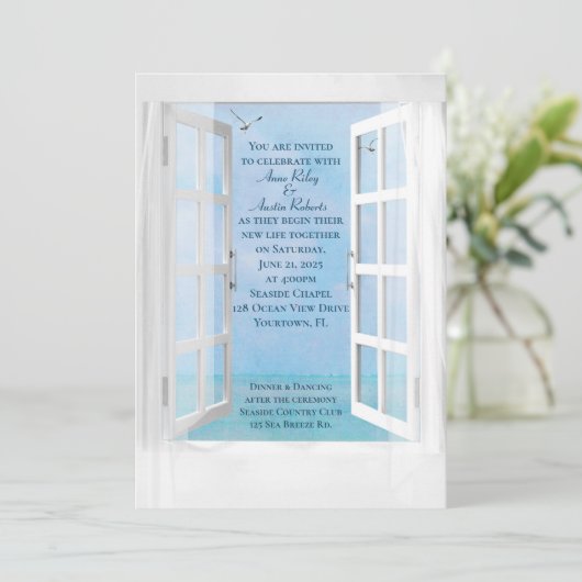 Hochzeit mit Möwen im Ocean View Window Einladung (Stehend Vorderseite)