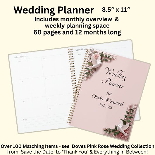 Hochzeit mit Namen & Datum rosa Rosen & Tauben Planer