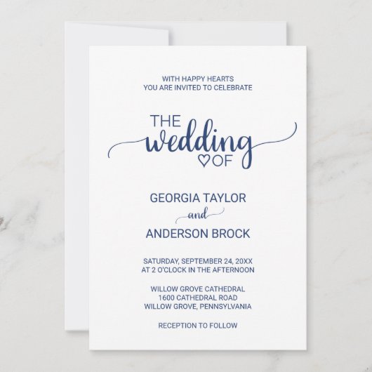 Hochzeit mit Navy Blue Simple Calligraphy Einladung (Vorderseite)