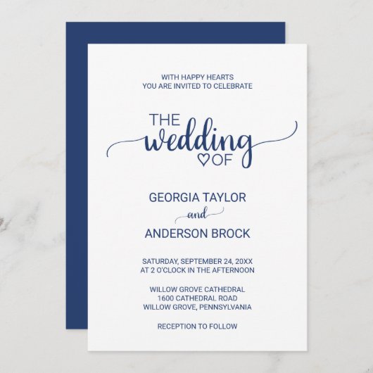 Hochzeit mit Navy Blue Simple Calligraphy Einladung (Vorne/Hinten)