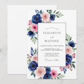 Hochzeit mit Navy Pink Bloom Einladung (Vorne/Hinten)