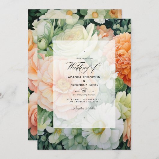 Hochzeit mit Pfirsich, Weiß und Grün Einladung (Vorne/Hinten)