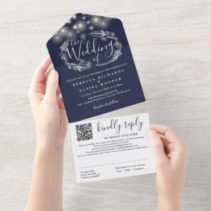 Hochzeit mit QR-Code für Lichterkette in Navy-Blau All In One Einladung