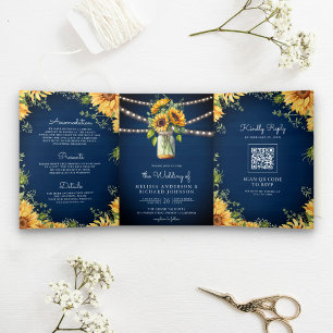 Hochzeit mit QR-Code im Marineblauen Sonnenblumen- Dreifach Gefaltete Einladung