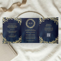 Hochzeit mit QR-Code und Navy-Blau-Goldblatt-Zweig