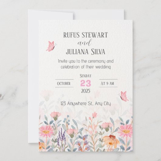 Hochzeit mit rosa und grüner Blüte Einladung (Vorderseite)