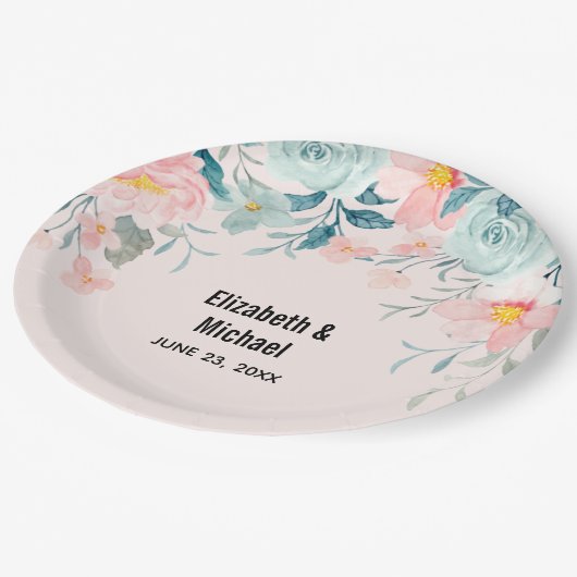Hochzeit mit rosa und grüner Blüte Pappteller (Schrägansicht)