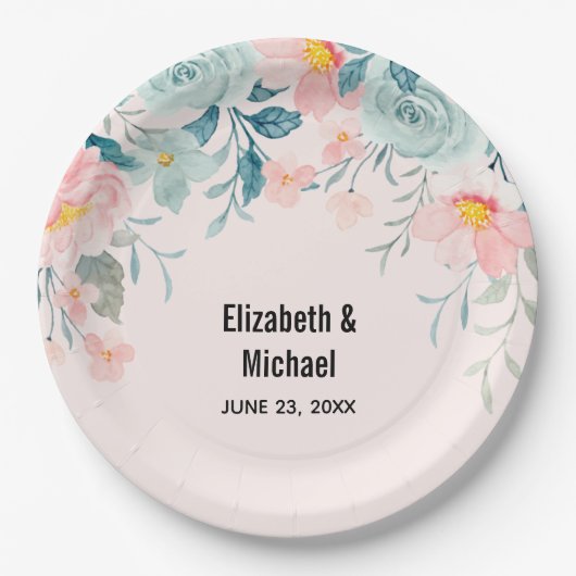 Hochzeit mit rosa und grüner Blüte Pappteller (Vorderseite)