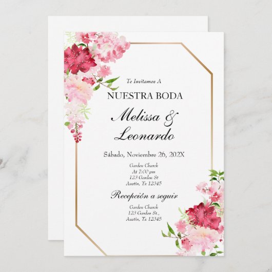 Hochzeit mit rosa und roter Blüte Spanisch Einladung (Vorne/Hinten)