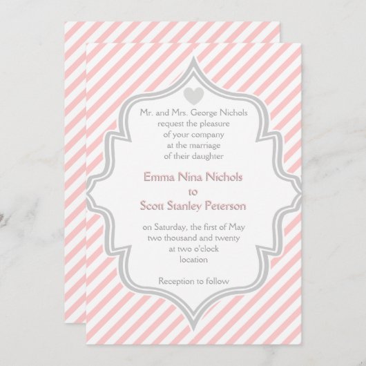 Hochzeit mit rosa, weißen, grauen Streifen Einladung (Vorne/Hinten)