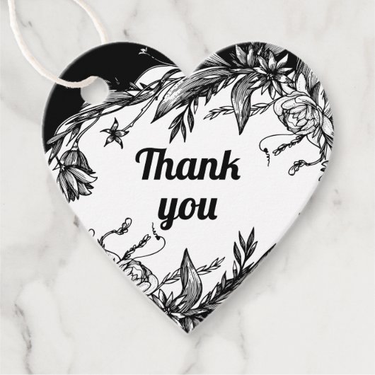 Hochzeit mit schwarzer, weißer Blumenschrift Danke Geschenkanhänger (Vorderseite)