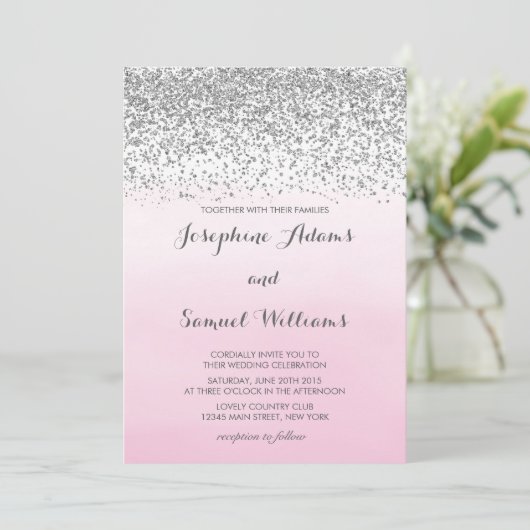 Hochzeit mit Silber und Rosa Einladung (Stehend Vorderseite)