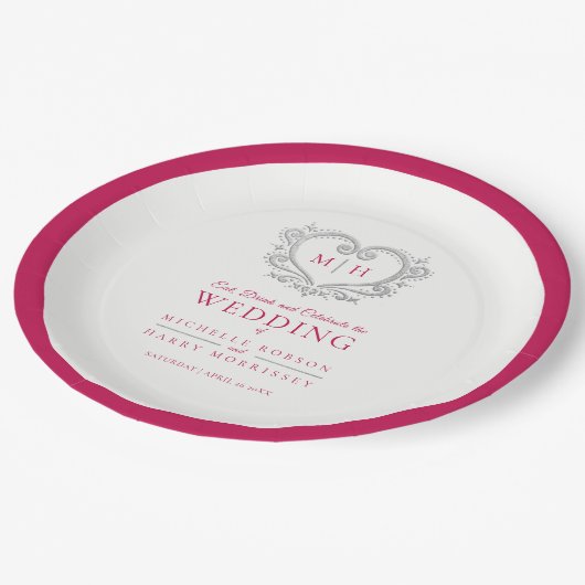 Hochzeit mit Silberherz Pappteller (Schrägansicht)