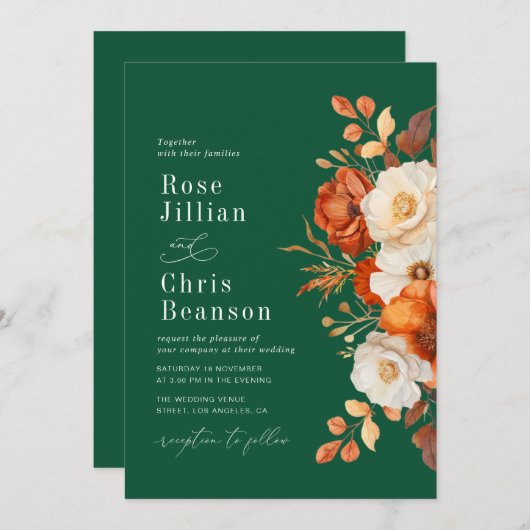 Hochzeit mit Terracotta und Smaragdgrün Einladung (Vorne/Hinten)