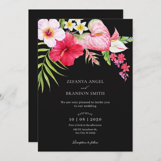 Hochzeit mit tropischem Blumen Einladung (Vorne/Hinten)