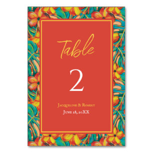 Hochzeit mit tropischem Orange und Gelb Tischnummer