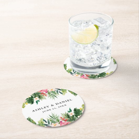 Hochzeit mit tropischen Pflanzen Runder Pappuntersetzer (Vor Ort)