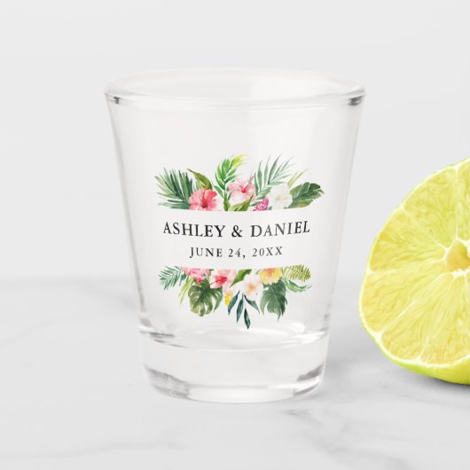 Hochzeit mit tropischen Pflanzen Schnapsglas (Vorderseite)
