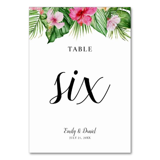 Hochzeit mit tropischen Pflanzen Tischnummer (Vorderseite)
