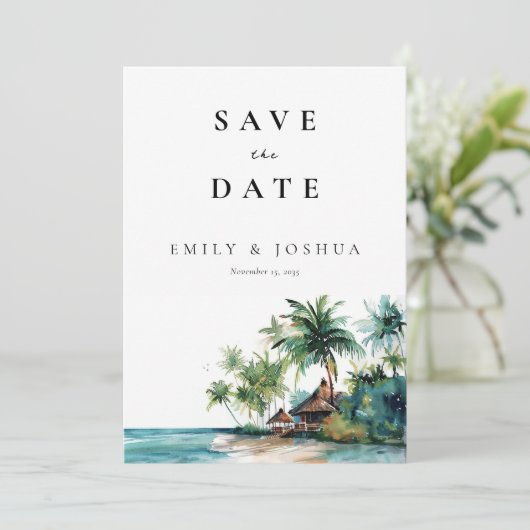 Hochzeit mit tropischen Wasserfarben Save The Date (Stehend Vorderseite)