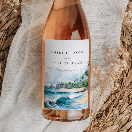 Hochzeit mit tropischen Wasserfarben Weinetikett