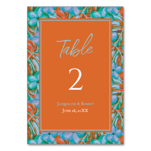 Hochzeit mit tropischer Orange und Blume Tischnummer