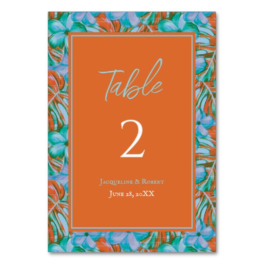 Hochzeit mit tropischer Orange und Blume Tischnummer (Vorderseite)