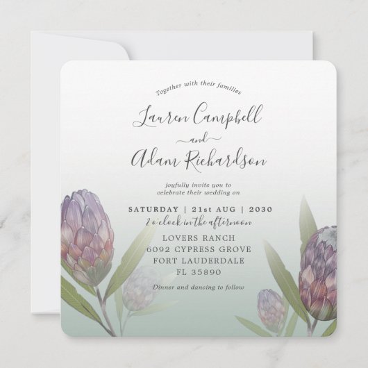 Hochzeit mit tropischer Schönheit und Lila Blüte Einladung (Vorderseite)