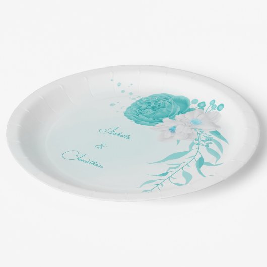 Hochzeit mit türkisfarbenem Weiß Pappteller (Schrägansicht)