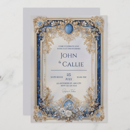Hochzeit mit viktorianischem Blau und Gold Einladung (Vorne/Hinten)