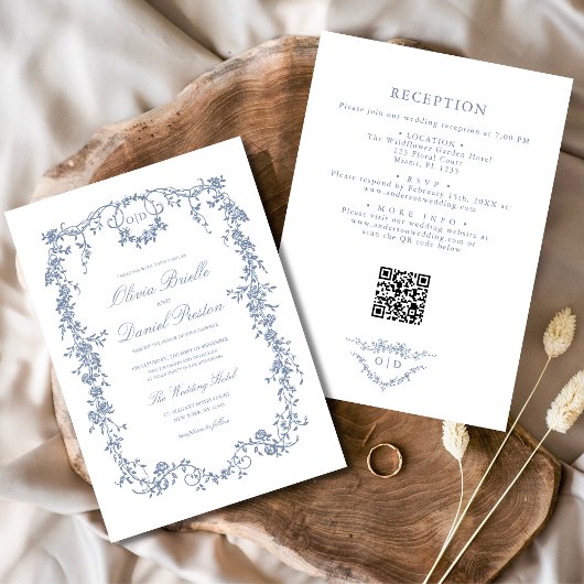 Hochzeit mit viktorianischem, staubblauem QR-Code- Einladung