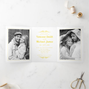 Hochzeit mit Vintage-Elementen und gelber Typograf Dreifach Gefaltete Einladung