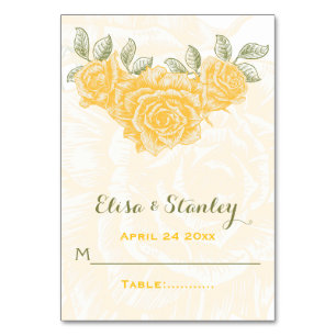 Hochzeit mit Vintage-gelben Rosen, gefaltete Eskor Tischnummer