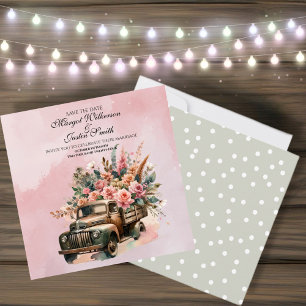 Hochzeit mit Vintage-LKW und Blumen Save The Date