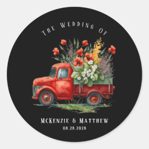 Hochzeit mit Vintage-LKW und roten Mohnblumen Runder Aufkleber