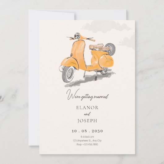 Hochzeit mit Vintagem Roller Einladung (Vorderseite)
