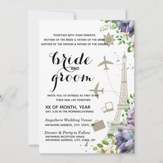 Hochzeit mit Violett-Flora und -reisen Einladung (Vorderseite)