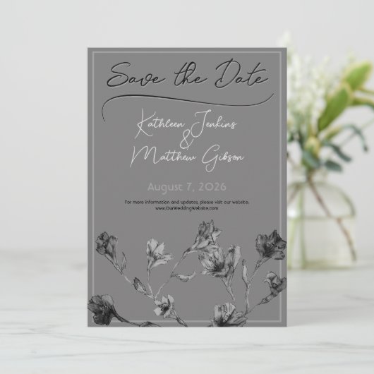 Hochzeit mit weichem grauem Flor Save The Date (Stehend Vorderseite)