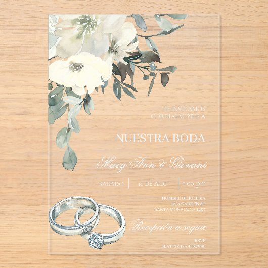 Hochzeit mit weißer Blüte Acryleinladungen (Vorderseite)