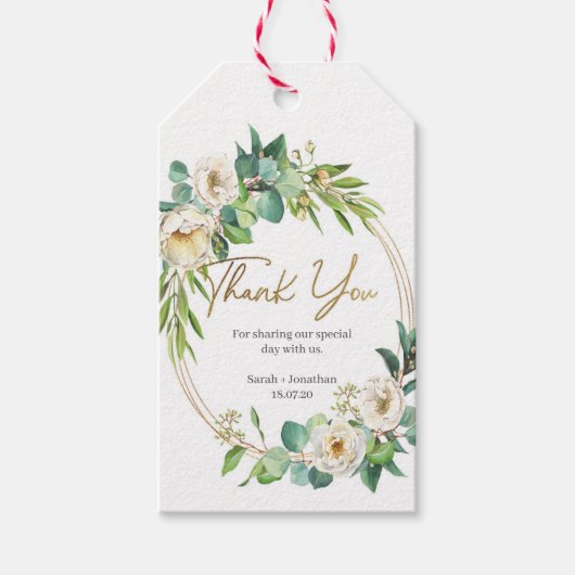 Hochzeit mit weißer Blüte und Gold Danke, dass Sie Geschenkanhänger (Vorderseite)