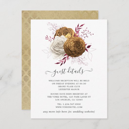 Hochzeit mit weißer, burgunischer und goldener Flo Begleitkarte (Vorne/Hinten)