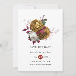 Hochzeit mit weißer, burgunischer und goldener Flo Save The Date