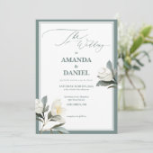 Hochzeit mit weißer und grüner Blüte Einladung (Stehend Vorderseite)