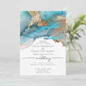 HOCHZEIT | Moderne Aqua und Goldmarmorbraun Einladung (Stehend Vorderseite)