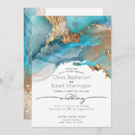 HOCHZEIT | Moderne Aqua und Goldmarmorbraun Einladung