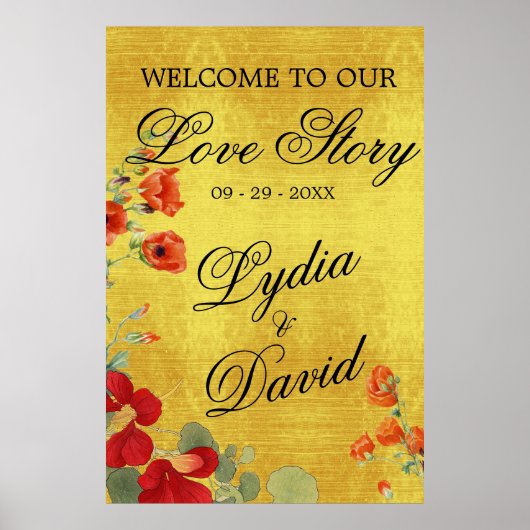 Hochzeit Moderne Begrüßung Gold Elegante Blumen Or Poster (Vorne)