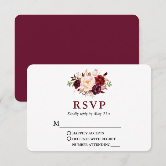Hochzeit Moderne Elegante Burgund Blumen RSVP Karte (Vorne/Hinten)