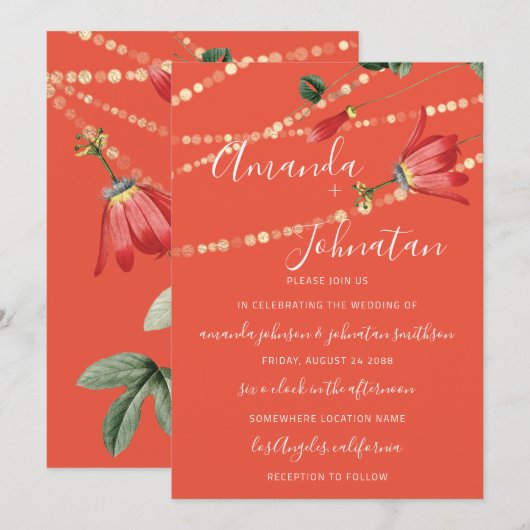 Hochzeit Moderne Monogram Vivid Coral Lights Gold Einladung (Vorne/Hinten)