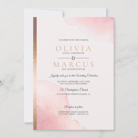 Hochzeit Moderne Rose Rosa Wasserfarbenpflücke Einladung (Vorderseite)